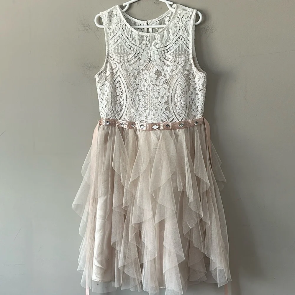 Rare Editions Big Girls 10 Lace Bodice Beaded Waist Belt Mesh Cascade Dress EUC